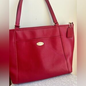 Coach Red Pebbled Leather Tote with Gold Hardware